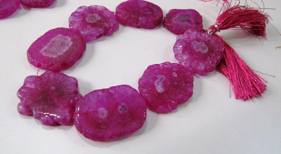 Hot Pink Solar Quartz Druzy Stalactite Slice Beads, Agate,Natural Mossy Stone Druzy 25 to 40mm Sizes Strand 10 inch-Wholesale Prices