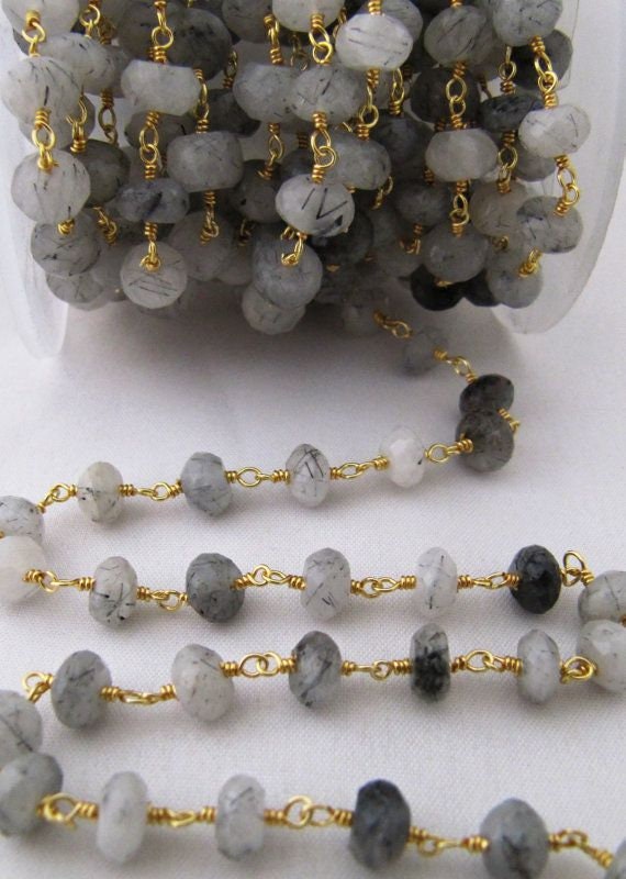 Black Rutilated Quartz Rondelle 6-8mm Briolette Faceted Beaded Rosary Chain Sold Per Foot High Quality Wholesale Prices