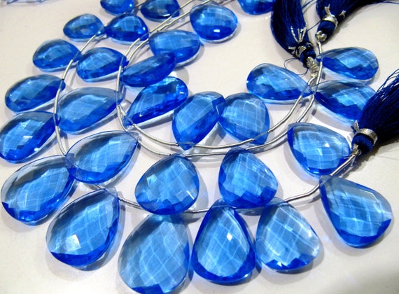 London Blue Topaz Faceted Pear Shape Beads / Hydro Quartz Blue Topaz Beads / Side Drilled / Size 16x21mm to 18x25mm Strand 8 inches long