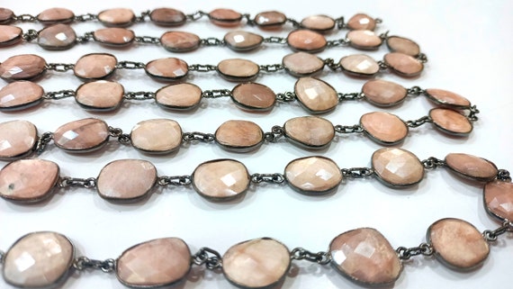 Natural Peach Moonstone Free Shape Briolette Mystic Coated 12 to 15mm Bezel Connector Chain Sold Per Foot