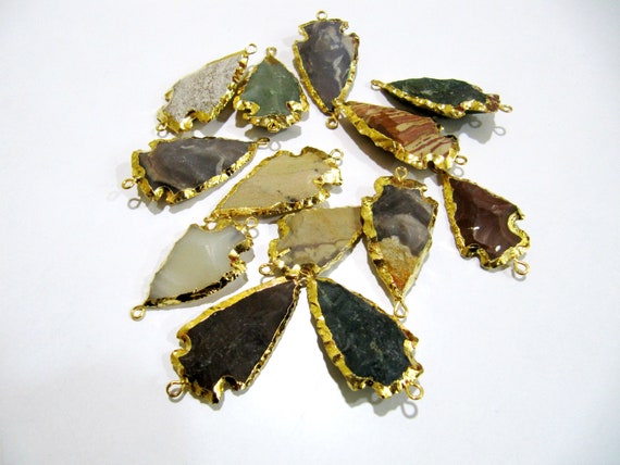 2 Pcs Set Natural Jasper Gold Electroplated Edge Double Loop Arrowhead Connector Charms Pendant Size 1 to 1.5 Inches Long