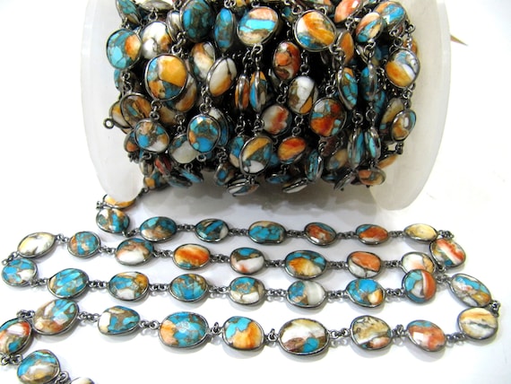 Natural Oyster Copper Turquoise Chain Free shape briolette 10to13mm Handmade Bezel  Connector gemstone chain sold per foot