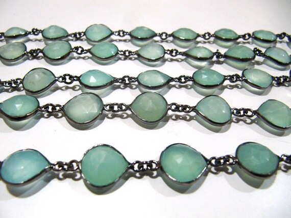Natural Aqua Chalcedony Briolette Heart Shape 12-14mm Bezel Chain Sold Per Foot Handmade Gemstones Connector Chain