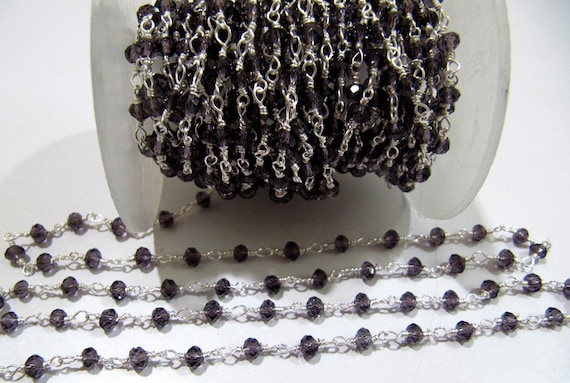 Purple Amethyst Hydro Quartz Rondelle Faceted 3-4mm Size Beaded Wire Wrapped Chain Wholesale Prices Handmade Crystal Chains sold per foot