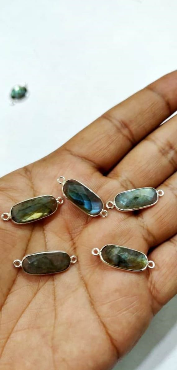 2 Pcs Set Natural Labradorite Cushion Shape 9x18mm Briolette Connectors Gray Stone Double Loop Bezel Jewelry Making Bezel Connectors