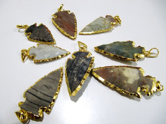 2 Pcs Set Natural Jasper Gold Electroplated Edge Single Loop Arrowhead Connector Charms Pendant Size 2 to 2.5 Inches Long