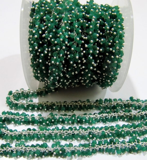 Emerald Rondelle Faceted 3-4mm Rosary Chain Size Wire Wrapped Grape Beaded Chain Sold Per Foot Wholesale Price Handmade Dangling Chain