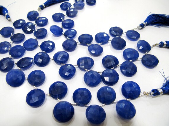 Dyed Blue Sapphire Corundum Round Coin Shape Briolette  Faceted Beads  15 mm  Sapphire Sold per strand  8 inches long Top Quality