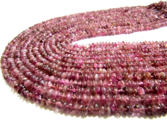 Natural Pink Tourmaline 3-4mm Rondelle Plain Beads Button Shape Smooth Gemstone Beads strand 13 inches long Jewelry Making Beads