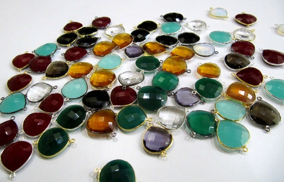 Mix Color Gemstone Quartz Briolette Faceted Size 20mm Heart Shape Double Loop Bezel Connector Choose the stone color and Plating