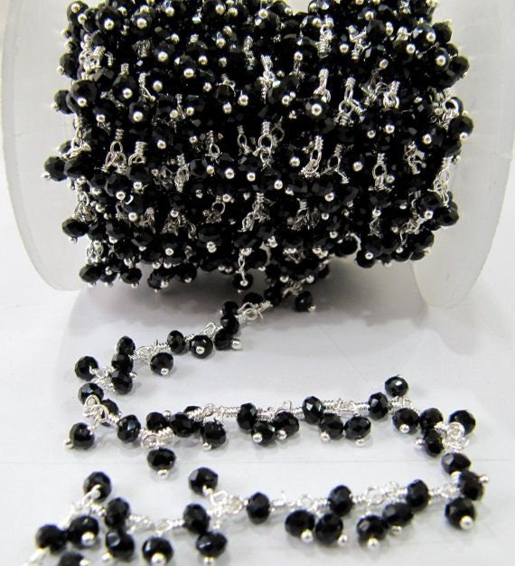 Black Spinel Rondelle Faceted Hydro Quartz  3-4mm Beads Chain Beaded Thick Cluster Dangling Chain  Sold per foot