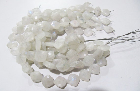 Natural White Rainbow Moonstone Cushion Shape Beads, Chiclets Faceted Cut Beads 11-12mm Strand 8" inch long Jewelry making beads