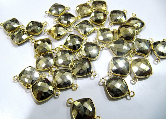 Natural Pyrite Briolette  Faceted 11mm Cushion Shape Connector Charm Double Loop Top Quality Jewelry Making  Connector sold per piece