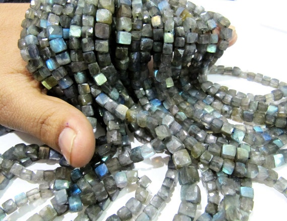 Natural Labradorite 3D Box beads Blue Flashy labradorite Faceted Cube Beads 5 to 7mm Box Beads Strand 8 inches Long Top Quality Beads