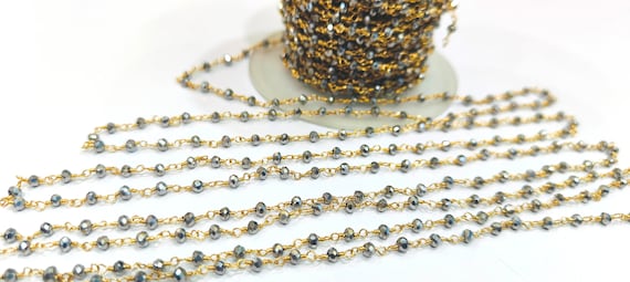 Silver Pyrite 3mm Hydro Quartz Rondelle Faceted Beaded  Rosary Wire Wrapped Aati Beaded chain Wholesale Price sold per foot
