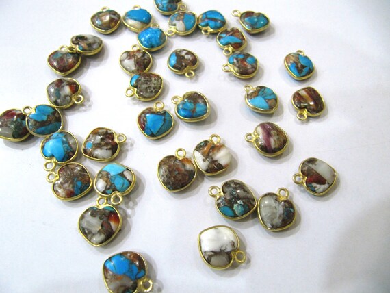 Natural Oyster Copper Turquoise heart Shape 10mm Briolette Connectors Center loop Bezel Charms Sold per Piece