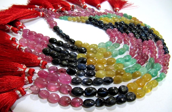 Natural Genuine Ruby Emerald Sapphire Multi Precious Gemstone Oval Plain Beads size 4 To 9 mm Strand 9.5 Inches Long Graduated Beads