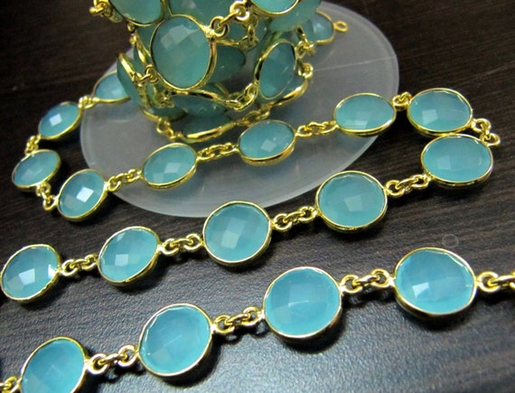 Natural Aqua Chalcedony Round coin Shape 11mm Briolette Faceted Bezel Connector Chain Sold Per Foot High Quality  Wholesale price