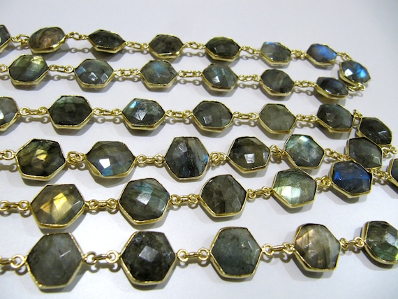 Natural Labradorite hexagon Shape Briolette faceted  Bezel Connector Chain 13 to 14mm Gems Handmade Chain in Wholesale sold per foot
