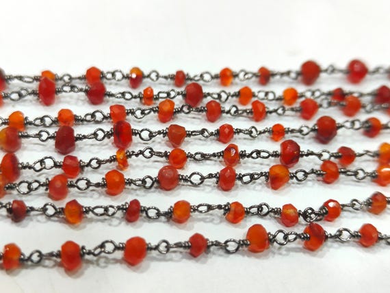 3- Feet Carnelian Rondelle Faceted Size 3-4mm Beaded Wire Wrapped Rosary Chain Wholesale Prices Jewelry Making Brown Gemstone chain