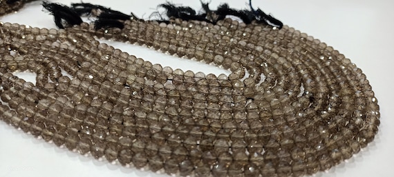 Natural Smoky Quartz  Round Shape  Briolette Faceted 5-6mm Beads For Jewelry Making Sold Per Strand 14 Inches Long