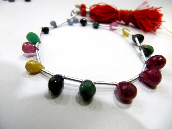 Natural Multi Precious Gemstone Ruby Emerald Sapphire faceted Briolette Size 4x6 to 6x9mm Teardrop Graduated beads BEST Quality strand 8inch