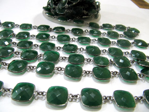 Green Onyx Chalcedony 13mm Cushion Briolette Shape Gemstone Bezel Connector Chain Sold Per Foot Handmade Chain