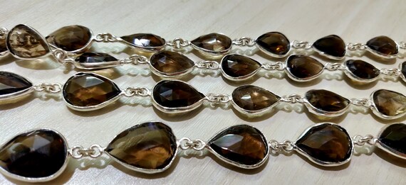 Natural Smoky Quartz Pear Shape Briolette Faceted Bezal Connector Chain 10x14mm to 12x16mm Sold Per Foot Silver Plated jewelry making Chain