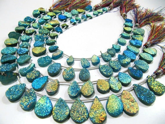 Natural Agate Titanium Coated Blue Druzy Pear Shape Briolette Beads Jewelry Making Bead Strand 10 Inches Long Sold Per Strand Wholesale rate