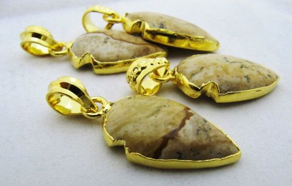 Beautiful Picture Jasper Charm arrow head- 24 Kt Gold Electroplated Edge Arrowhead Pendant-Gemstone Connectors 30 to 40mm per piece