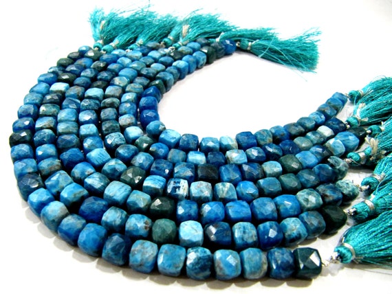 Natural Neon Apatite Beads 3D cube Box shape Briolette 6mm to 8mm beads strand 8 inches long Genuine Gemstone Blue color beads