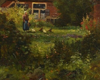 Gerbrand van Schagen (1880-1968) - Nourrir les poules - huile sur bois