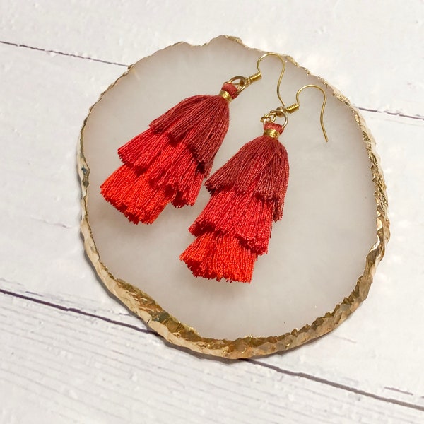 Alana Tiered Tassel Earrings in Maroon and Red