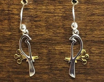 Sterling Silver Branch and Bird Hook Earrings, Branch Plated with 1 micron 18K Yellow Gold
