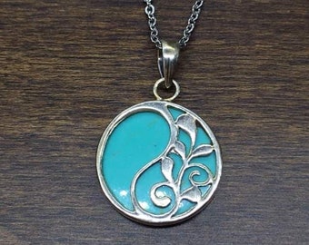 Sterling Silver Leaf Pendant Decorated With Turquoise Reconstructed Stone and Free Chain