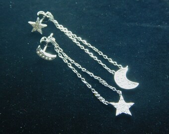 Sterling Silber Mond und Sterne baumeln CZ Ohrringe