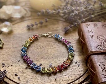 Rainbow Chakra Chainmail Bracelet, Odin’s Eye Weave Jewelry, Colorful Handmade Bracelet, Metaphysical Gift, Spiritual Jewelry