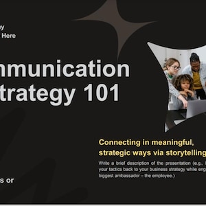 May include: A dark gray presentation slide titled "Communication Strategy 101." The slide includes a photo of a diverse group of people looking at a laptop. Text on the slide includes "Connecting in meaningful, strategic ways via storytelling."