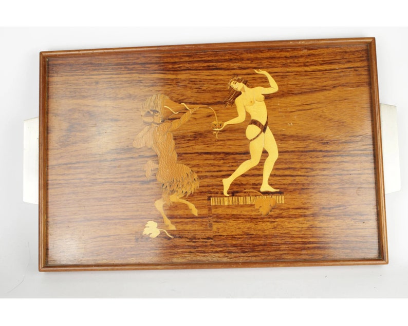 G. Malmberg tray for Mjölby Intarsia, different types of wood, Steel handles image 1