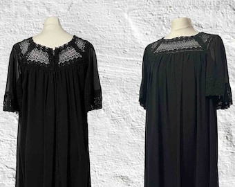 Vintage 1970s maxi full dress, a line, black, crochet, square neck, angel sleeves, home made, prairie, boho, hippie, festival, goth 10-16?