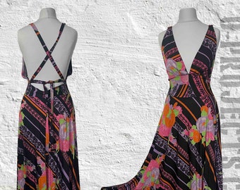 1970s vintage dress, midi, maxi, cross back, strappy, printed, boho, festival,  hippie, psychedelic, prairie, floral stripes, 6/8/10?