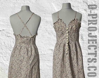 Pret-a-Porter, vintage, 70s dress, cotton, pretty floral ditsy print, strappy, sundress, bodice, x back, buttons, frill, boho, festival, S