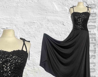 1970s vintage, black sequin top, tube, jersey maxi dress, strappy, evening, cocktails, disco, boho, festival, goth, 8-14?