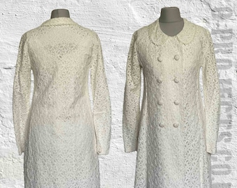 Vintage 1960s 1970s, two piece, white, mod, boho wedding suit, sleeveless women’s dress, coat, daisy trim, boho, wedding, prairie, small