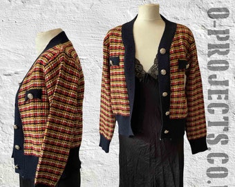 Vintage 1990s checked knitted cardigan, tweed knit, plaid, tartan, short style, jacket, gold buttons, preppy, grunge, boho, punk, 6-12?