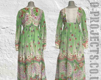 Vintage 1970s, prairie boho long dress, home made, green print, white bib, daisy trim, bobble trim, lined, hippie festival, 6/8/10?