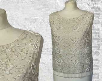Vintage 1960s beaded shell top, cream lace, embroidered, fringe tassels, Gatsby, flapper, boho wedding, hippie, cocktails, Mod, grunge, 8-4?