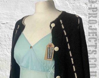 Vintage 1980s black fluffy mohair knit cardigan, white embroidery, lurex stripes, boho, preppy, mod, grunge, rockabilly, 1950s style, 10-16?