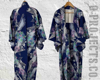 Vintage 1990s long kimono, cotton base, blue floral abstract, printed robe, kaftan, boho, hippie, festival, prairie, 6/8/10/12/14