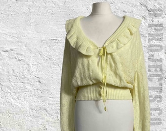 Vintage 1990&#39;s knitted cardigan, yellow, tie front, short, pointelle knit, frilly neck, boho, hippie, prairie, grunge, cottage, Y2K, 8-14
